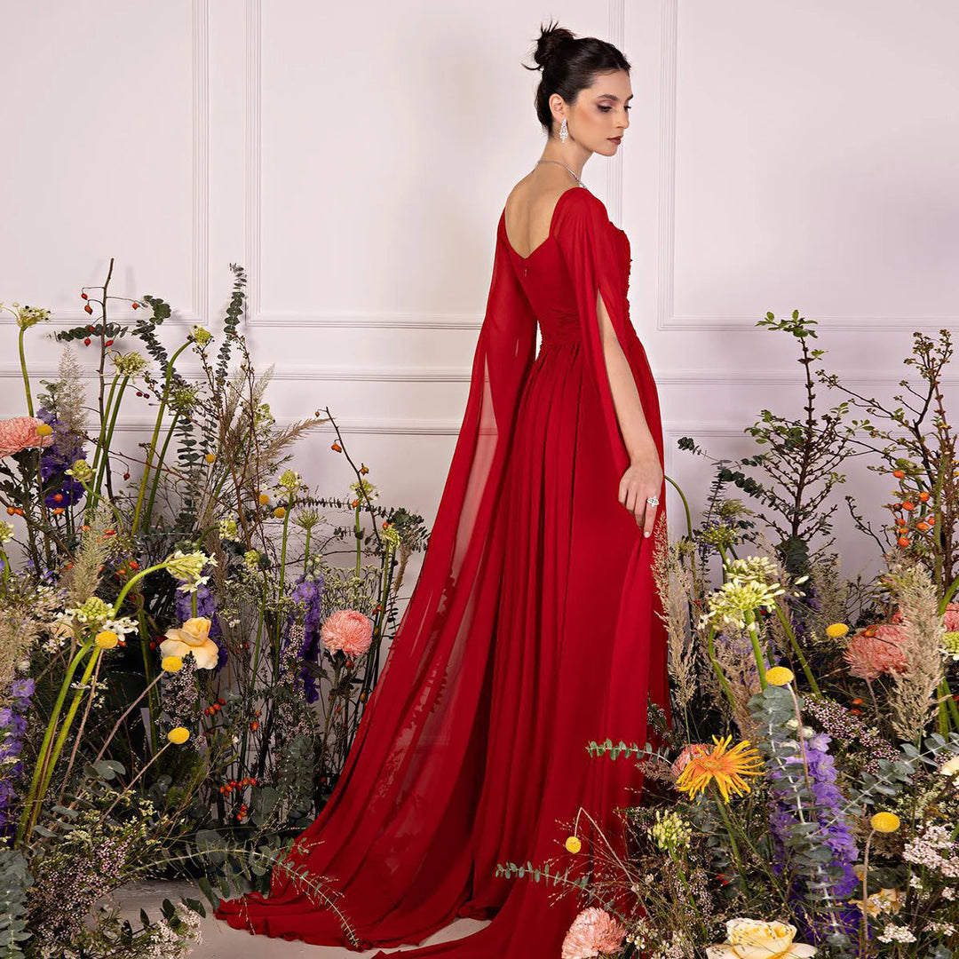 Dreamy Vow Elegant Red Chiffon Arabic Evening Dresses with Cape Sleeves Square Neckline Wedding Party Gowns SF032-DreamyVow