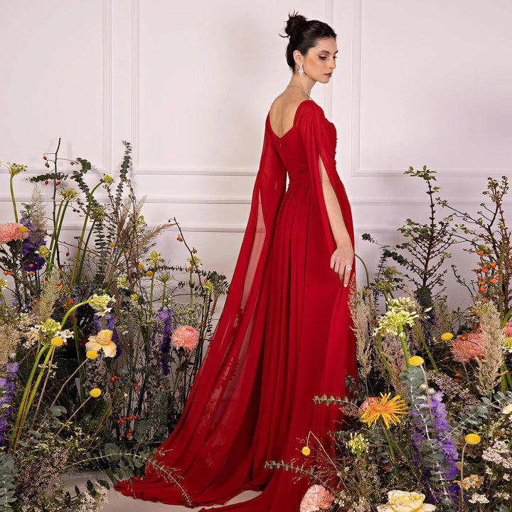 Dreamy Vow Elegant Red Chiffon Arabic Evening Dresses with Cape Sleeves Square Neckline Wedding Party Gowns SF032-DreamyVow