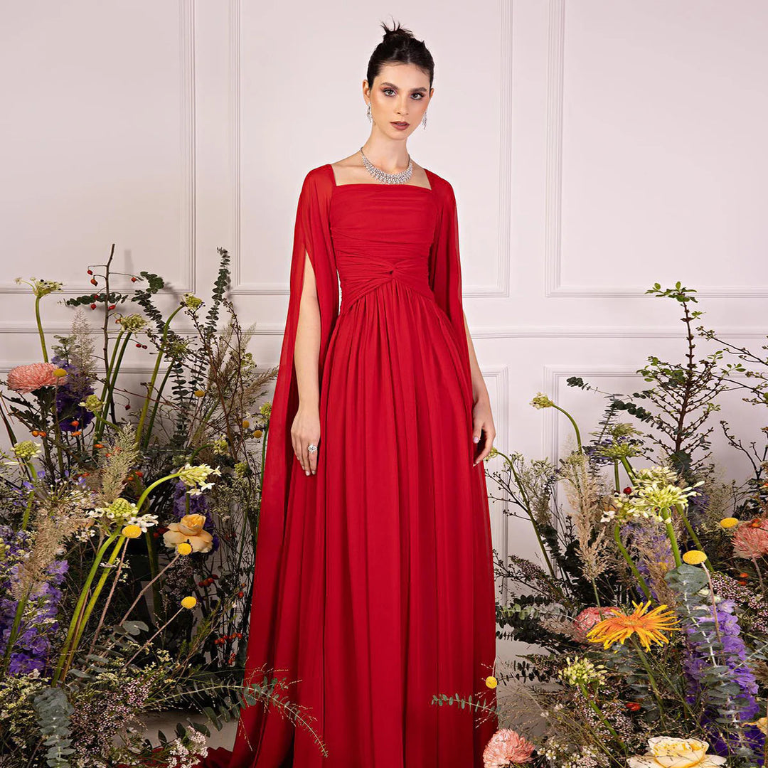 Dreamy Vow Elegant Red Chiffon Arabic Evening Dresses with Cape Sleeves Square Neckline Wedding Party Gowns SF032-DreamyVow