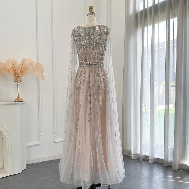 Dreamy Vow Elegant Silver Nude Arabic Evening Dress with Cape Sleeve Luxury Crystal Dubai Prom Formal Dresses for Women Wedding Party SS069-DreamyVow