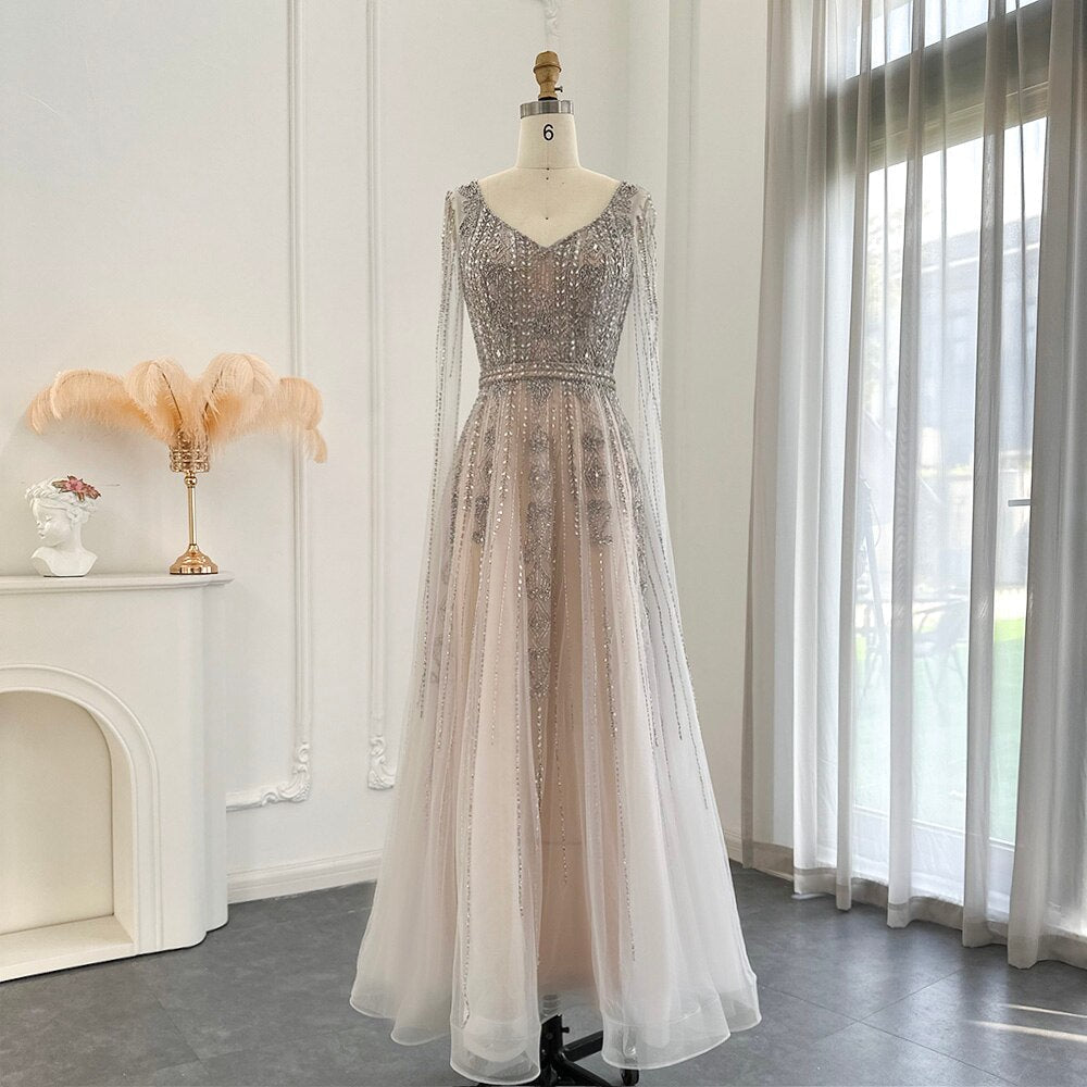 Dreamy Vow Elegant Silver Nude Arabic Evening Dress with Cape Sleeve Luxury Crystal Dubai Prom Formal Dresses for Women Wedding Party SS069-DreamyVow