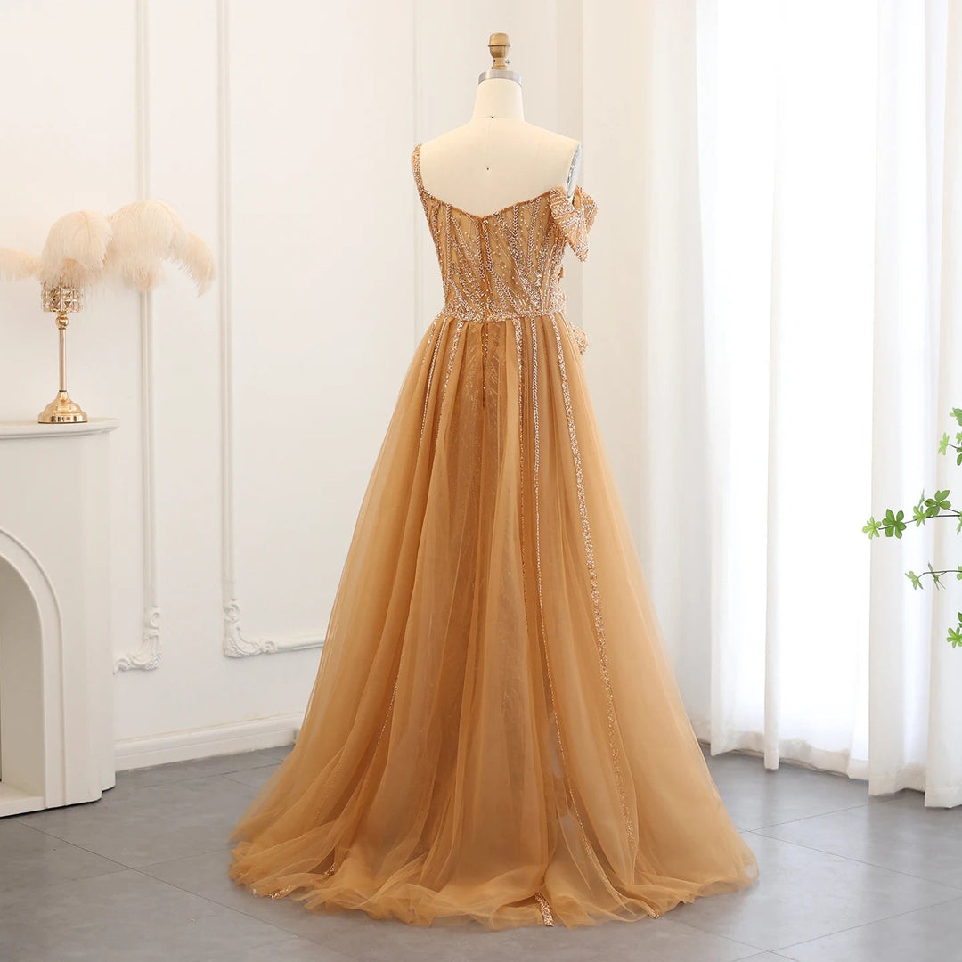 Dreamy Vow Elegant Spaghetti Straps Gold Yellow Mermaid Evening Dress with Overskirt Blue Gray Green Wedding Party Gowns SS095-DreamyVow