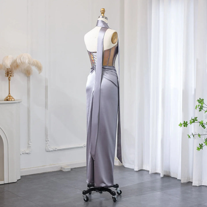 Dreamy Vow Elegant Strapless Gray Satin Evening Dress with Scarf Luxury Arab Crystal Formal Dress for Women Wedding Party SS504-DreamyVow