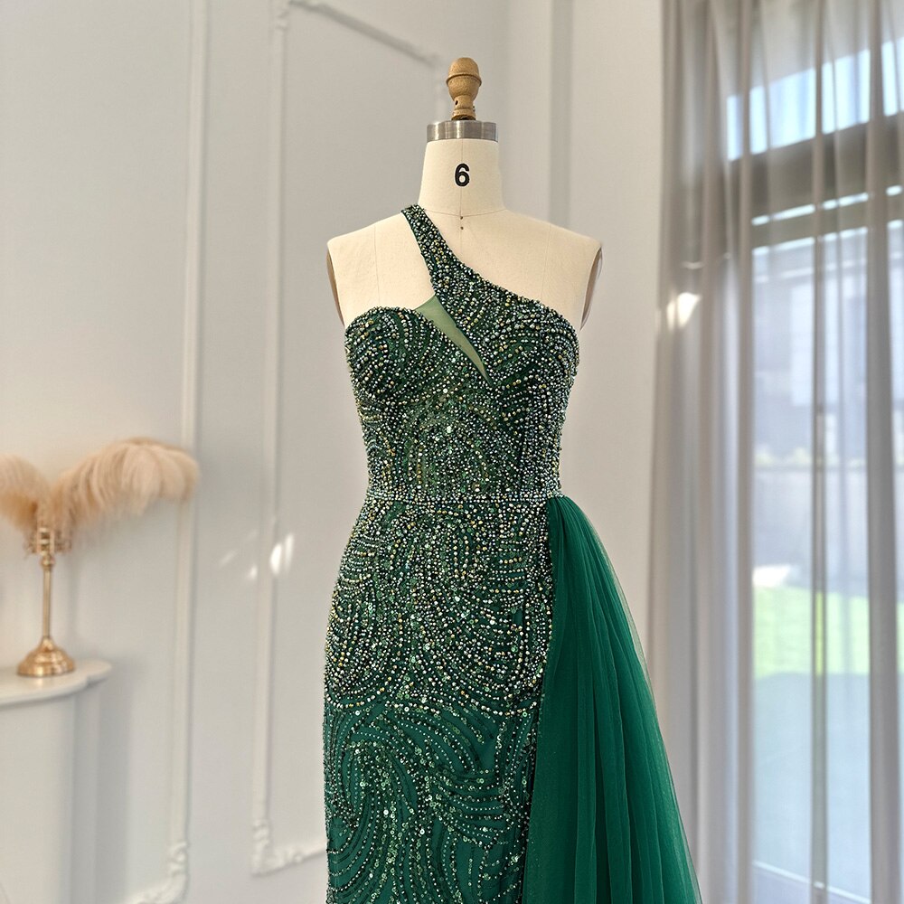 Dreamy Vow Emerald Green One Shoulder Evening Dresses with OVerskirt Side Slit Luxury Champagne Mermaid Prom Formal Gowns 102