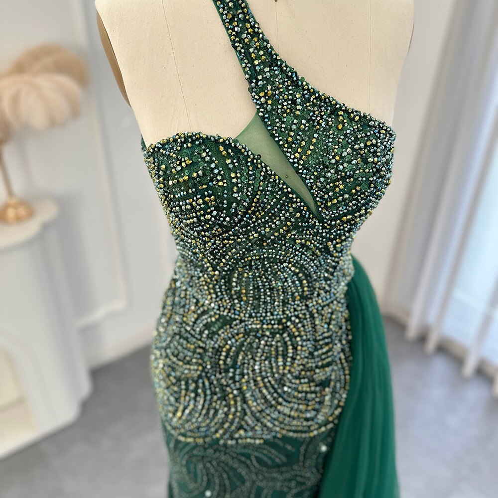 Dreamy Vow Emerald Green One Shoulder Evening Dresses with OVerskirt Side Slit Luxury Champagne Mermaid Prom Formal Gowns 102