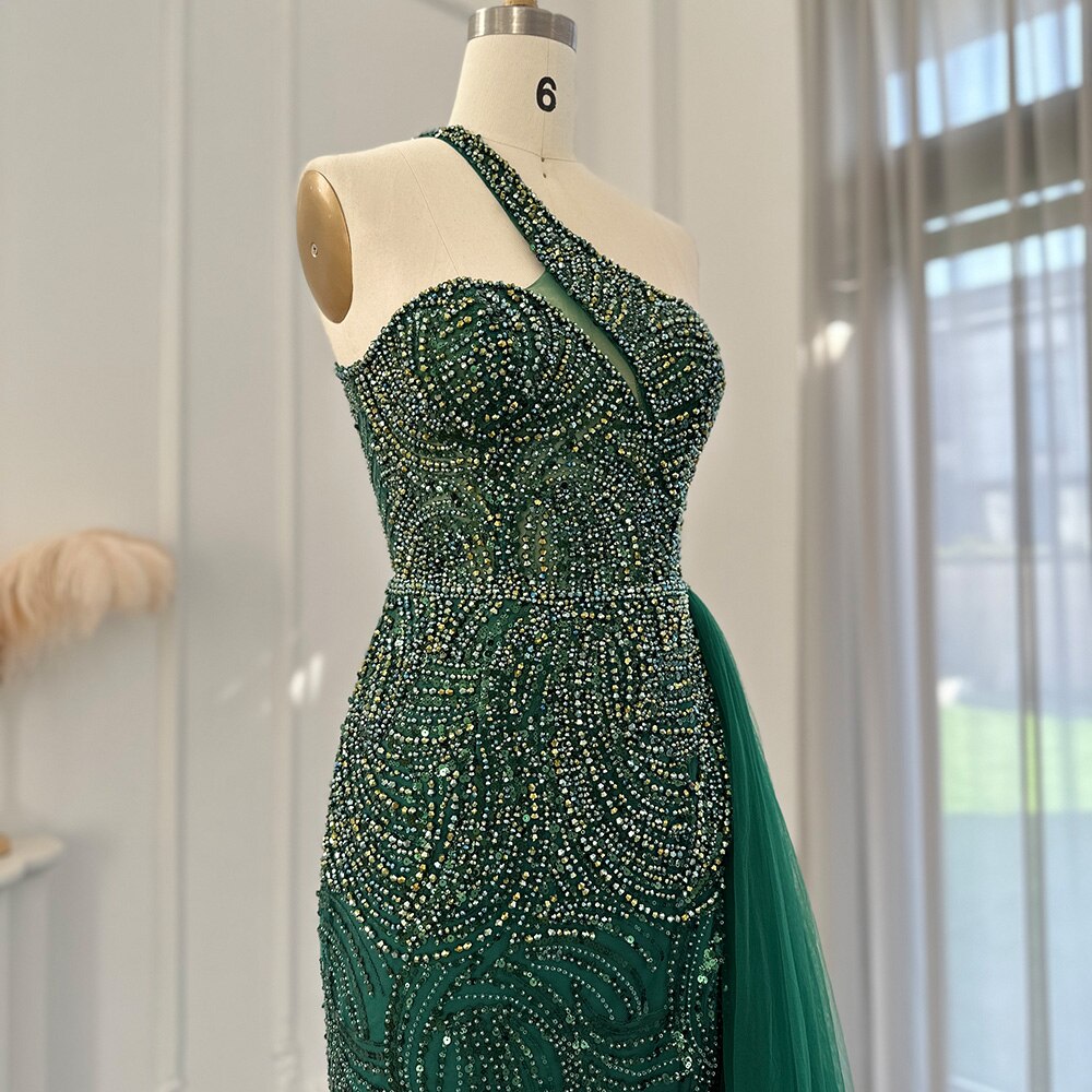 Dreamy Vow Emerald Green One Shoulder Evening Dresses with OVerskirt Side Slit Luxury Champagne Mermaid Prom Formal Gowns 102