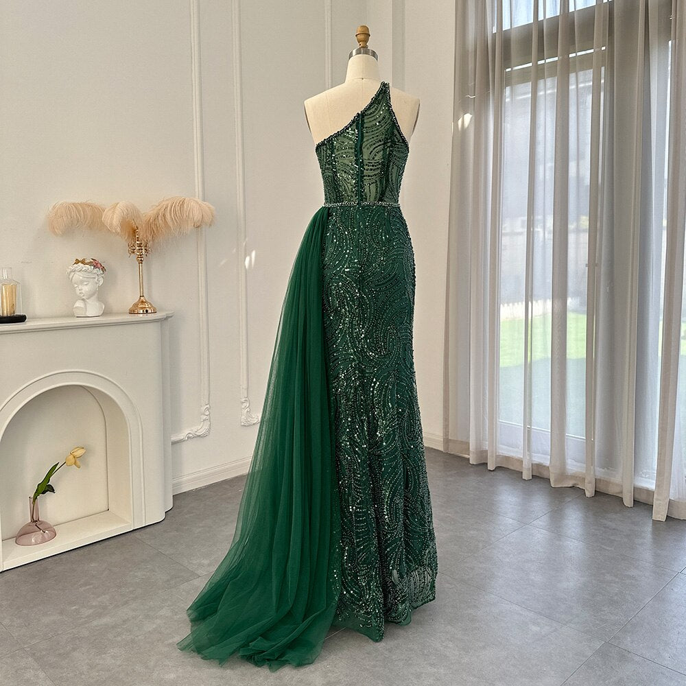 Dreamy Vow Emerald Green One Shoulder Evening Dresses with OVerskirt Side Slit Luxury Champagne Mermaid Prom Formal Gowns 102