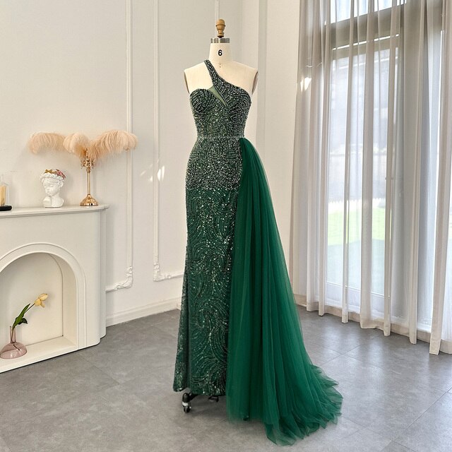 Dreamy Vow Emerald Green One Shoulder Evening Dresses with OVerskirt Side Slit Luxury Champagne Mermaid Prom Formal Gowns 102