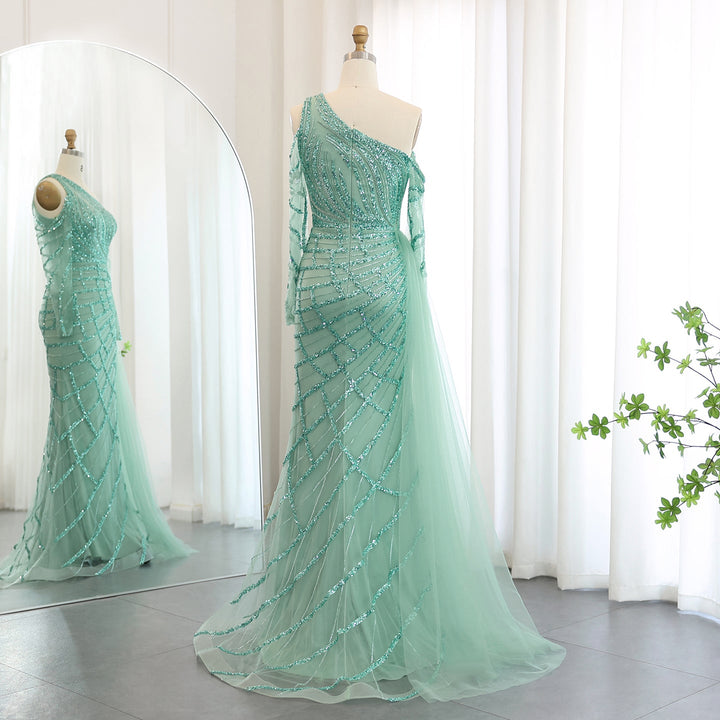 Dreamy Vow Emerald Green One Shoulder Mermaid Evening Dress with Overskirt Long Sleeves Luxury Dubai Wedding Party Gowns SS413-DreamyVow