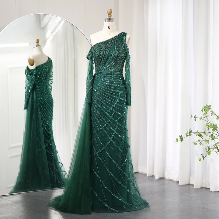 Dreamy Vow Emerald Green One Shoulder Mermaid Evening Dress with Overskirt Long Sleeves Luxury Dubai Wedding Party Gowns SS413-DreamyVow