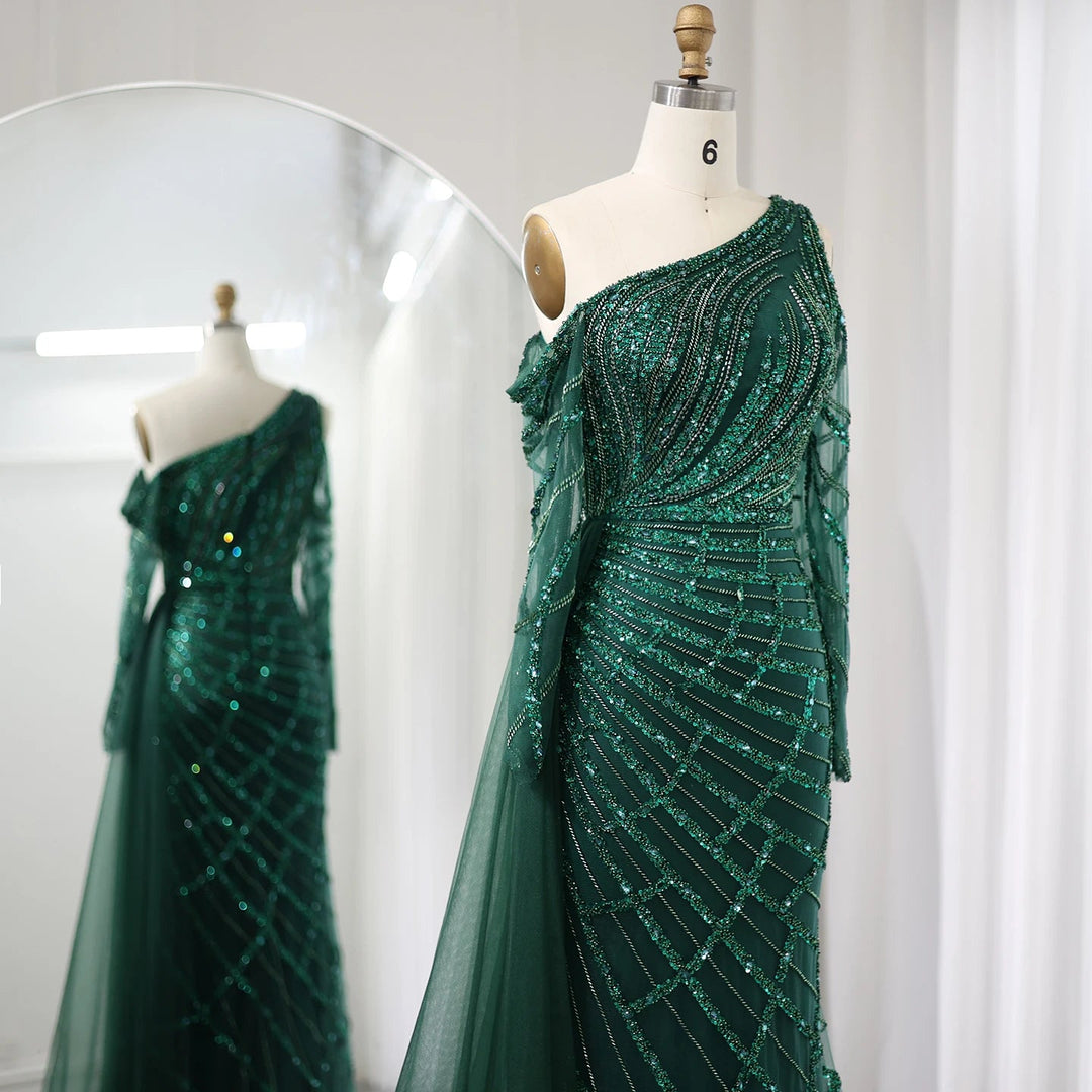 Dreamy Vow Emerald Green One Shoulder Mermaid Evening Dress with Overskirt Long Sleeves Luxury Dubai Wedding Party Gowns SS413-DreamyVow