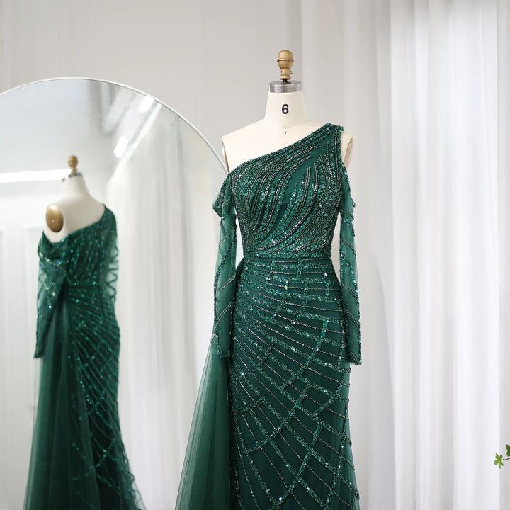 Dreamy Vow Emerald Green One Shoulder Mermaid Evening Dress with Overskirt Long Sleeves Luxury Dubai Wedding Party Gowns SS413-DreamyVow