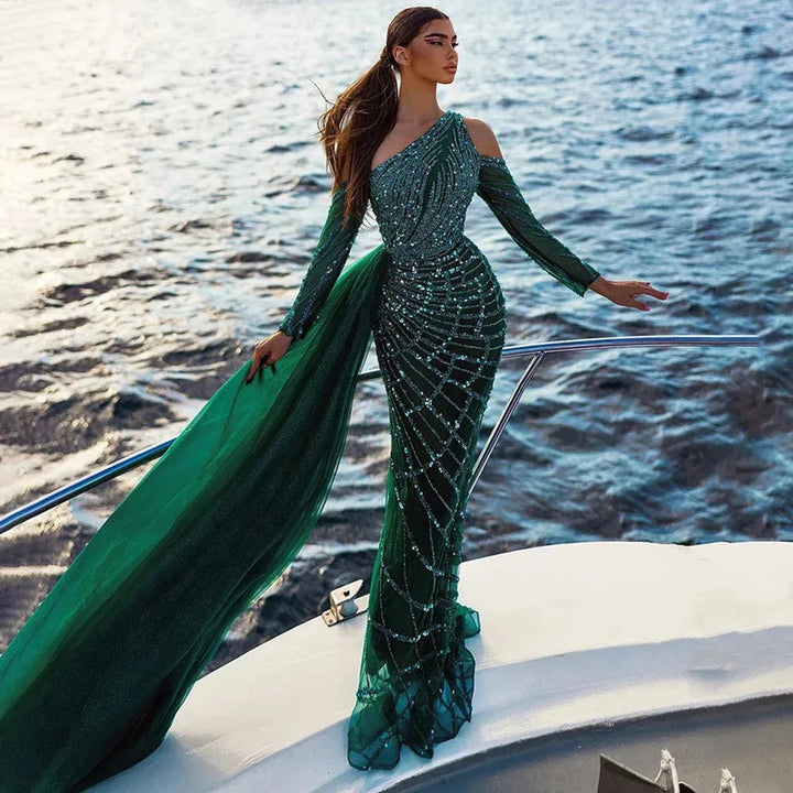 Dreamy Vow Emerald Green One Shoulder Mermaid Evening Dress with Overskirt Long Sleeves Luxury Dubai Wedding Party Gowns SS413-DreamyVow