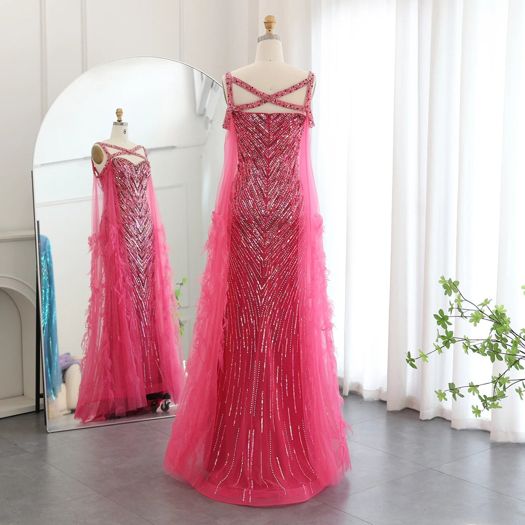 Dreamy Vow Arabic Fuchsia Mermaid Dubai Evening Dresses with Cape Sleeves Luxury xTurquoise Women Wedding Party Dress SS468-DreamyVow