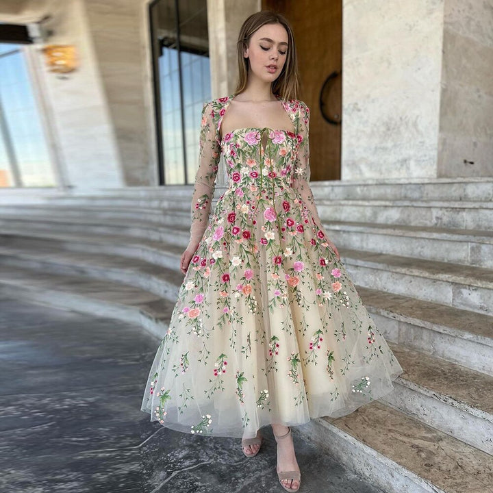 Dreamy Vow Garden Embroidery Short Evening Dress with Jacket Ankle Length Midi Formal Party Gowns for Women Wedding Guest SS232-DreamyVow