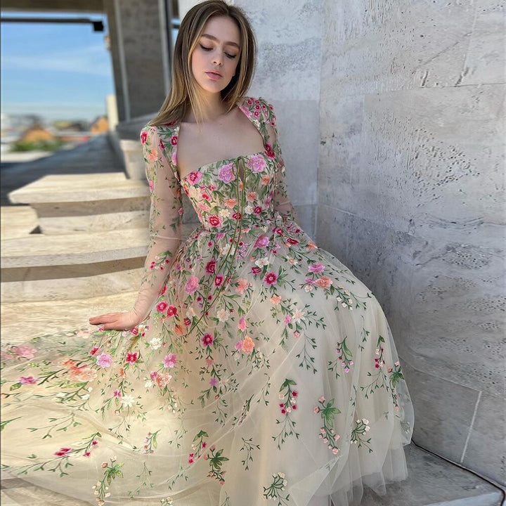 Dreamy Vow Garden Embroidery Short Evening Dress with Jacket Ankle Length Midi Formal Party Gowns for Women Wedding Guest SS232-DreamyVow