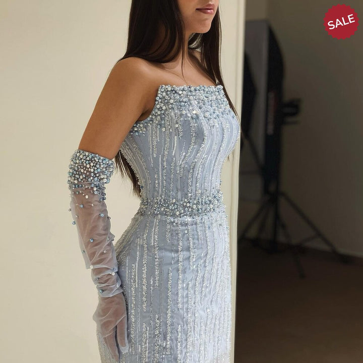 DreamyVow Light Blue Pearls Luxury Dubai Evening Dresses 2023 Elegant Strapless Arabic Women Wedding Party Formal Gowns 395