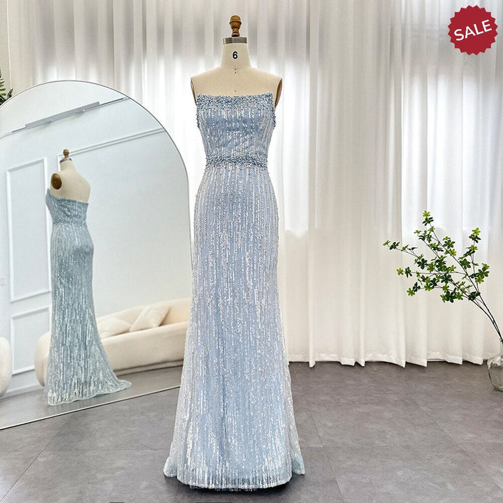 DreamyVow Light Blue Pearls Luxury Dubai Evening Dresses 2023 Elegant Strapless Arabic Women Wedding Party Formal Gowns 395