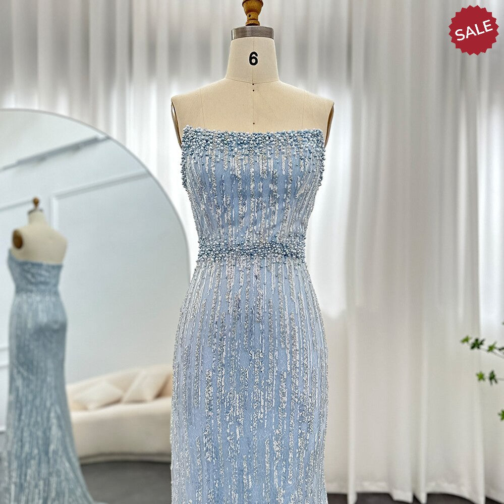 DreamyVow Light Blue Pearls Luxury Dubai Evening Dresses 2023 Elegant Strapless Arabic Women Wedding Party Formal Gowns 395