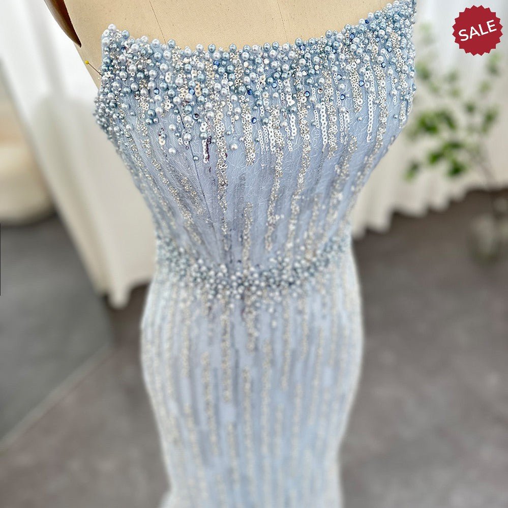 DreamyVow Light Blue Pearls Luxury Dubai Evening Dresses 2023 Elegant Strapless Arabic Women Wedding Party Formal Gowns 395