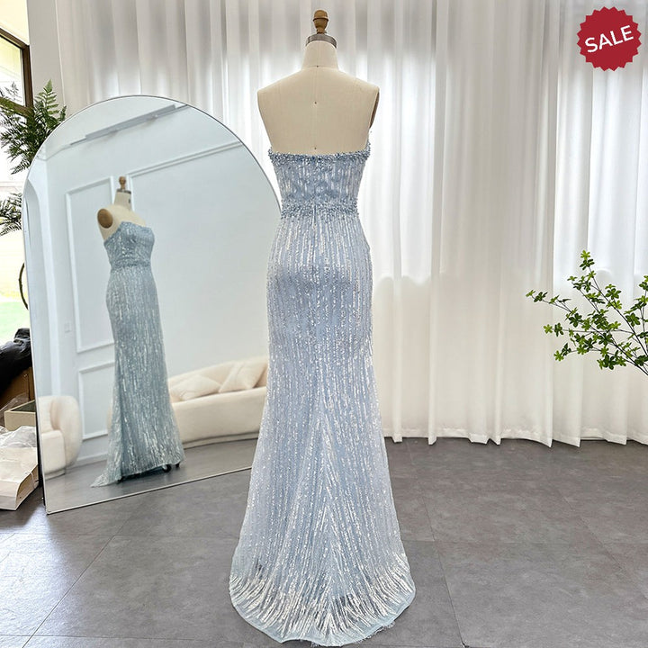 DreamyVow Light Blue Pearls Luxury Dubai Evening Dresses 2023 Elegant Strapless Arabic Women Wedding Party Formal Gowns 395