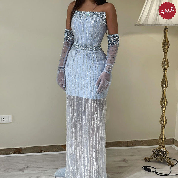 DreamyVow Light Blue Pearls Luxury Dubai Evening Dresses 2023 Elegant Strapless Arabic Women Wedding Party Formal Gowns 395