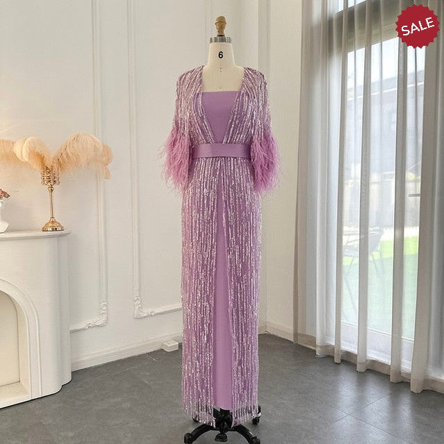 Dreamy Vow Light Yellow Luxury Dubai Feathers Evening Dresses for Women Wedding Party Arabic Purple Formal Prom Gowns 430