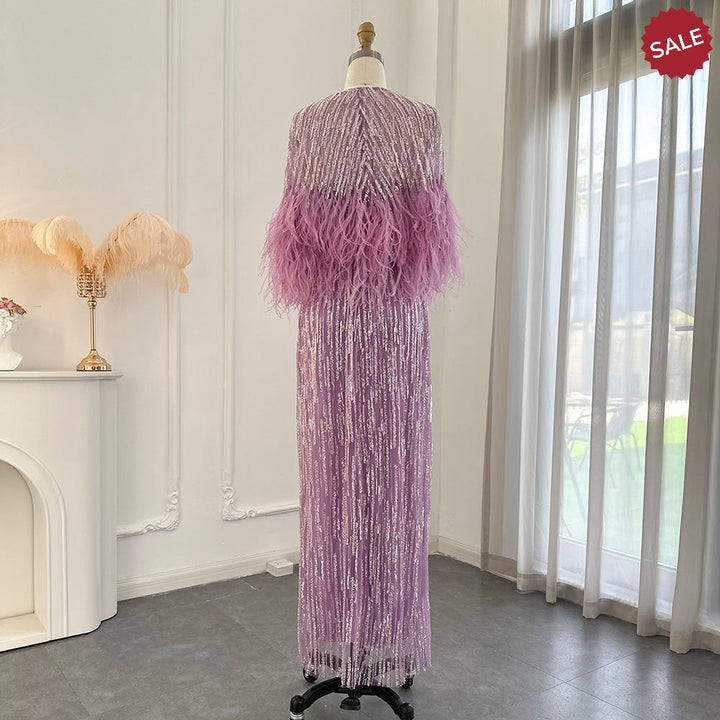 Dreamy Vow Light Yellow Luxury Dubai Feathers Evening Dresses for Women Wedding Party Arabic Purple Formal Prom Gowns 430