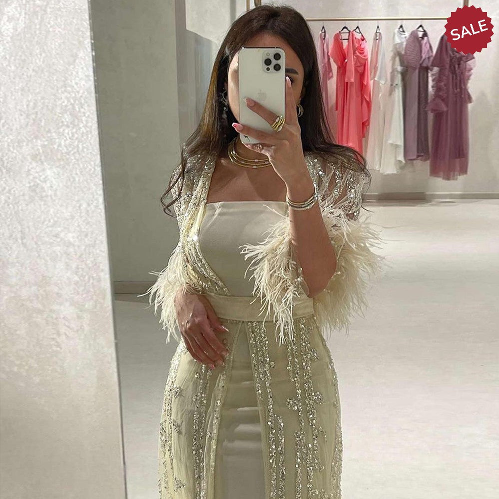 Dreamy Vow Light Yellow Luxury Dubai Feathers Evening Dresses for Women Wedding Party Arabic Purple Formal Prom Gowns 430