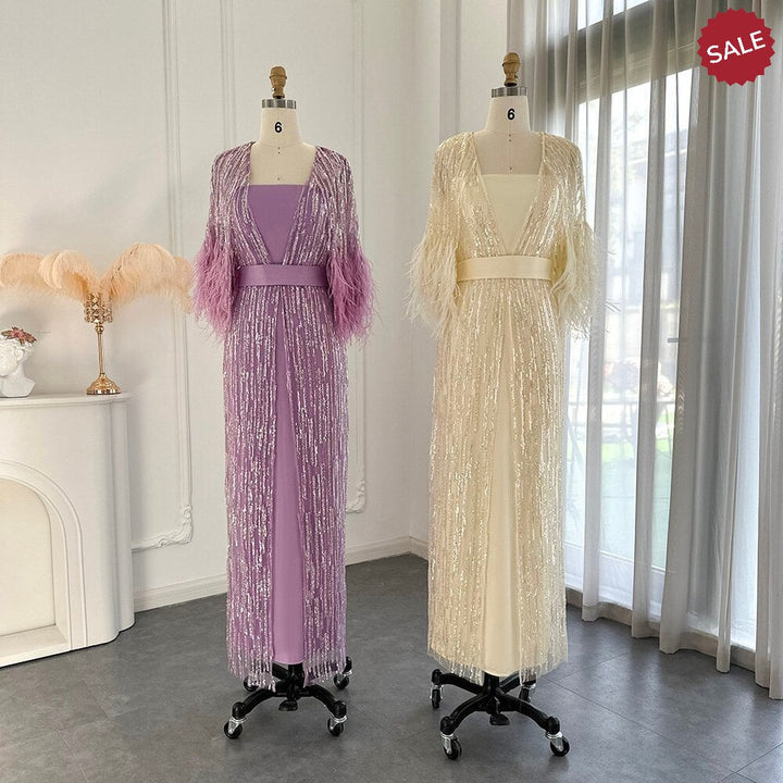 Dreamy Vow Light Yellow Luxury Dubai Feathers Evening Dresses for Women Wedding Party Arabic Purple Formal Prom Gowns 430