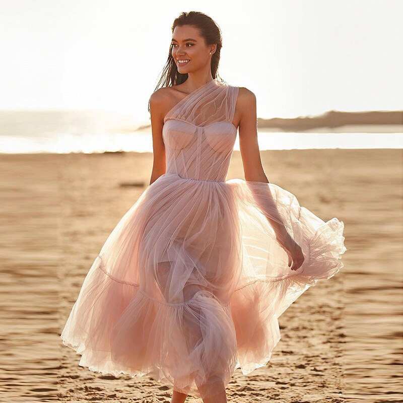 Dreamy Vow Lilac Tulle One Shoulder Short Evening Dress Ruffled Tea Length Pink Cocktail Party Gowns Women Prom Formal Dresses-DreamyVow