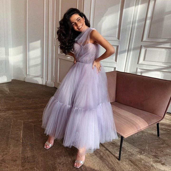 Dreamy Vow Lilac Tulle One Shoulder Short Evening Dress Ruffled Tea Length Pink Cocktail Party Gowns Women Prom Formal Dresses-DreamyVow