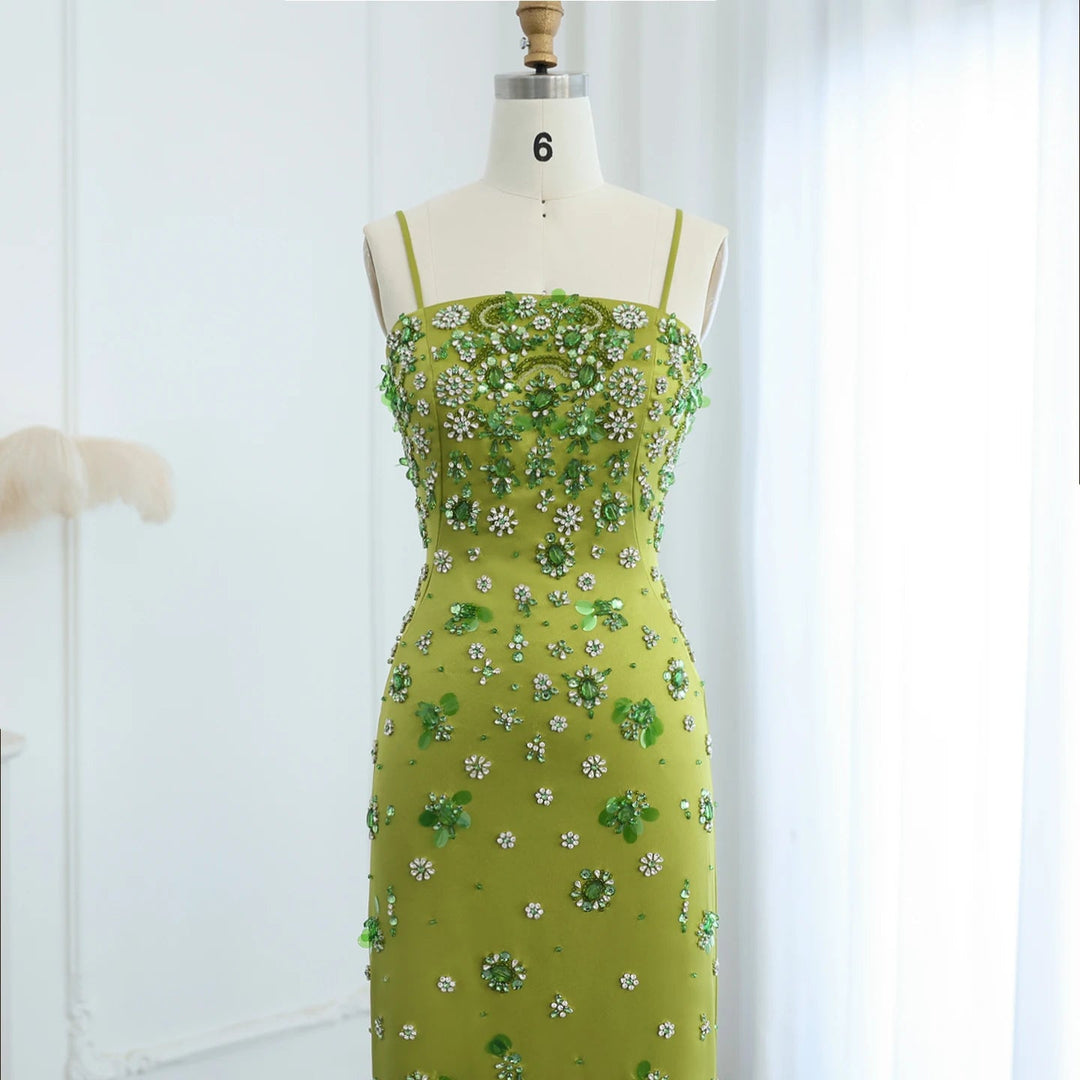 Dreamy Vow Luxury 3D Floral Beaded Short Green Evening Dress Spaghetti Straps Sheath Midi Women Wedding Party Gowns SS233-DreamyVow