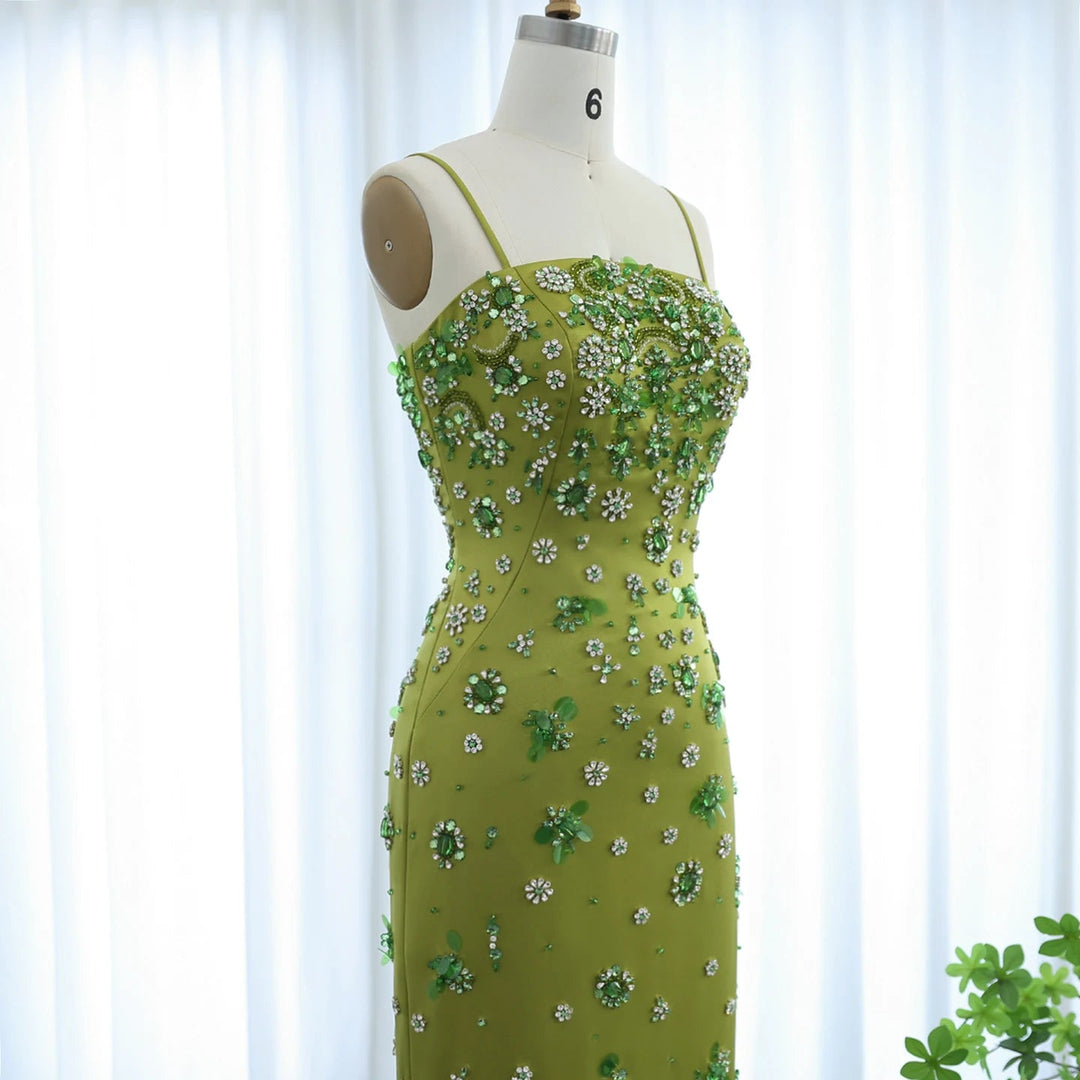 Dreamy Vow Luxury 3D Floral Beaded Short Green Evening Dress Spaghetti Straps Sheath Midi Women Wedding Party Gowns SS233-DreamyVow