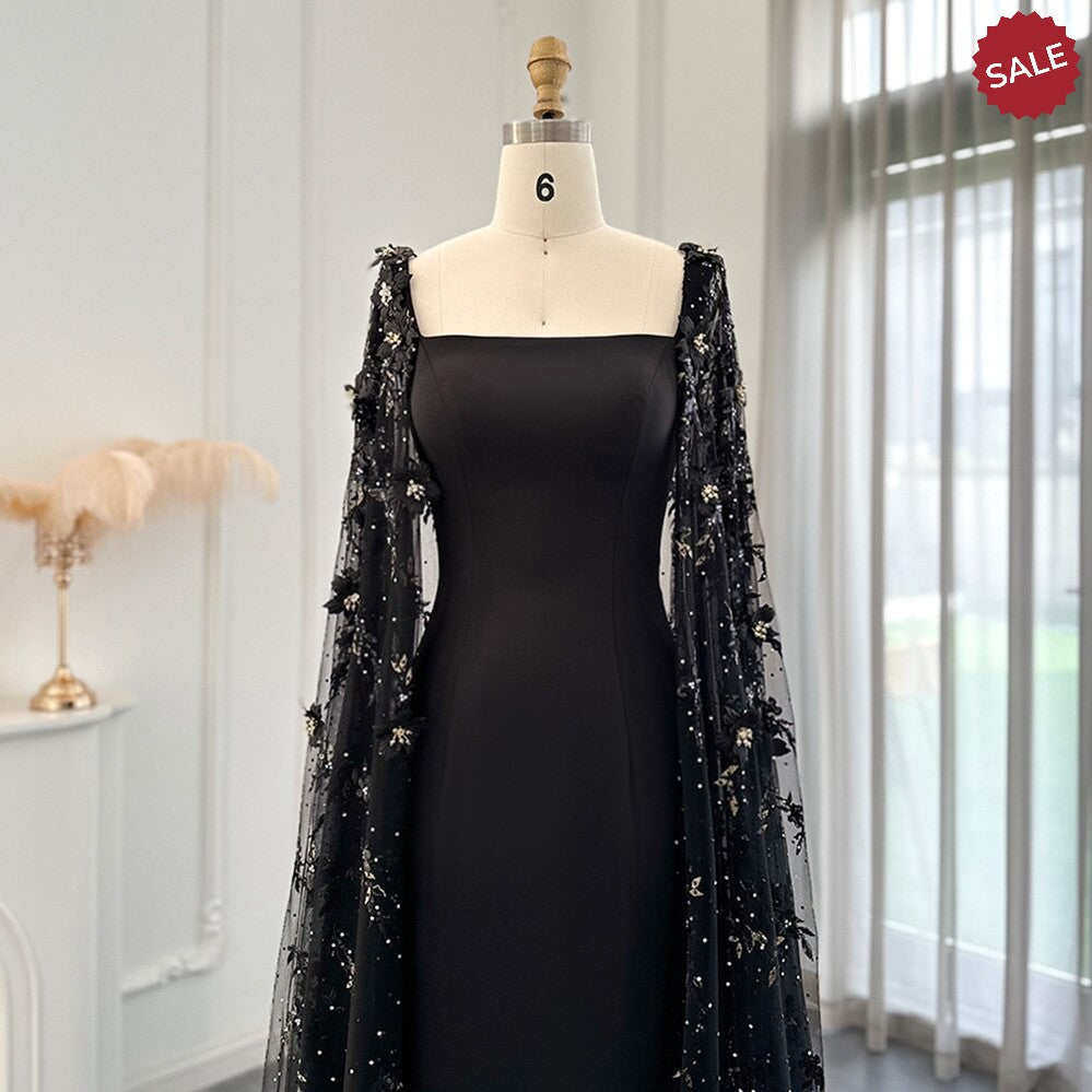 Dreamy Vow Luxury 3D Flowers Black Satin Arabic Evening Dress with Cape Elegant Mermaid Long Women Formal Party Gowns SS479-DreamyVow