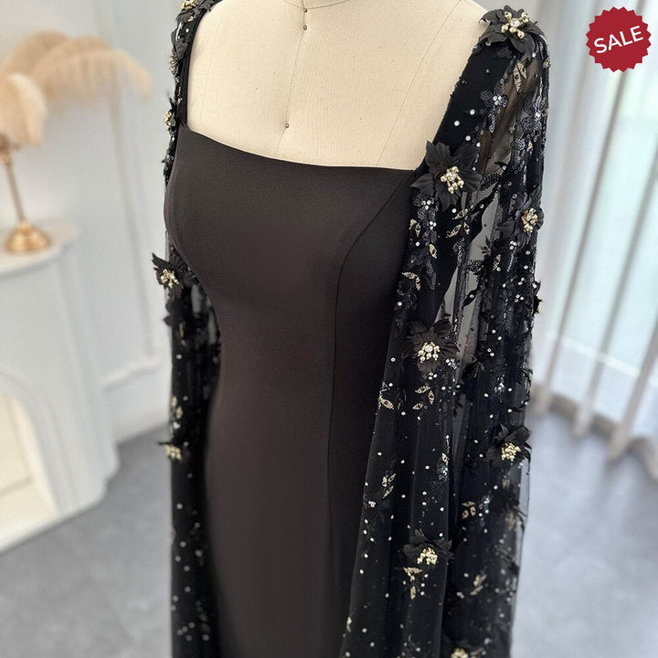 Dreamy Vow Luxury 3D Flowers Black Satin Arabic Evening Dress with Cape Elegant Mermaid Long Women Formal Party Gowns SS479-DreamyVow