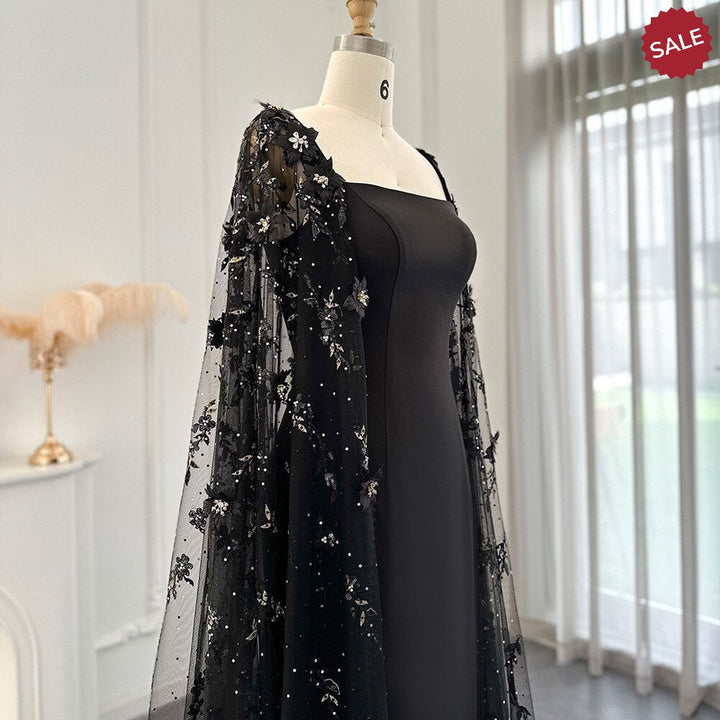 Dreamy Vow Luxury 3D Flowers Black Satin Arabic Evening Dress with Cape Elegant Mermaid Long Women Formal Party Gowns SS479-DreamyVow