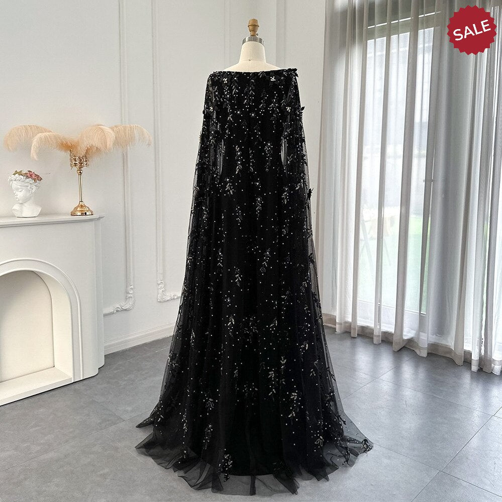 Dreamy Vow Luxury 3D Flowers Black Satin Arabic Evening Dress with Cape Elegant Mermaid Long Women Formal Party Gowns SS479-DreamyVow