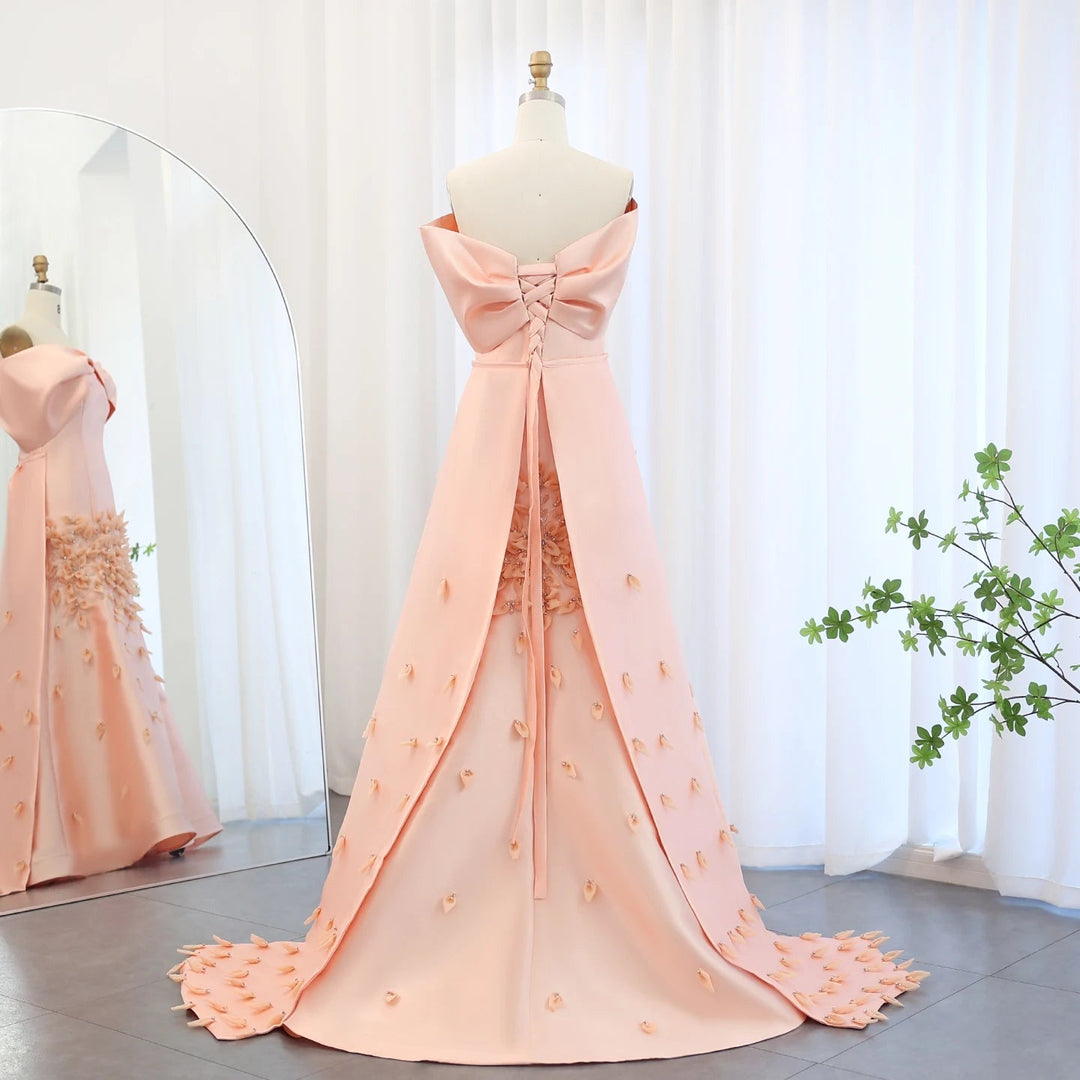 Dreamy Vow Luxury 3D Flowers Blush Pink Satin Mermaid Evening Dress Elegant Off Shoulder Women Wedding Prom Party Gowns SS464-DreamyVow