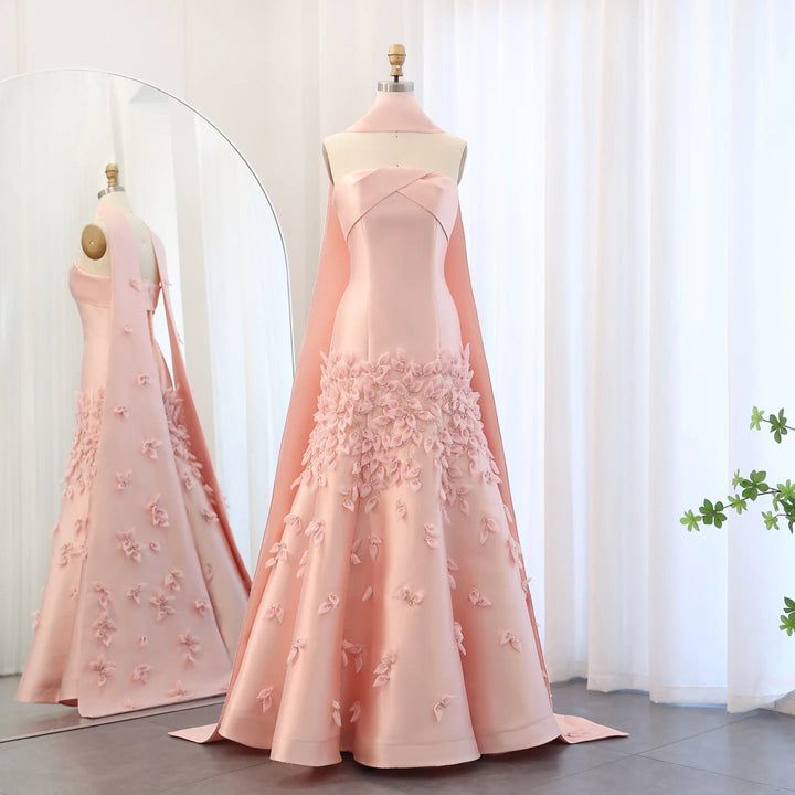 Dreamy Vow Luxury 3D Leaves Blush Pink Satin Mermaid Evening Dress with Cape Dubai Arabic Women Wedding Prom Party Gowns SS463-DreamyVow