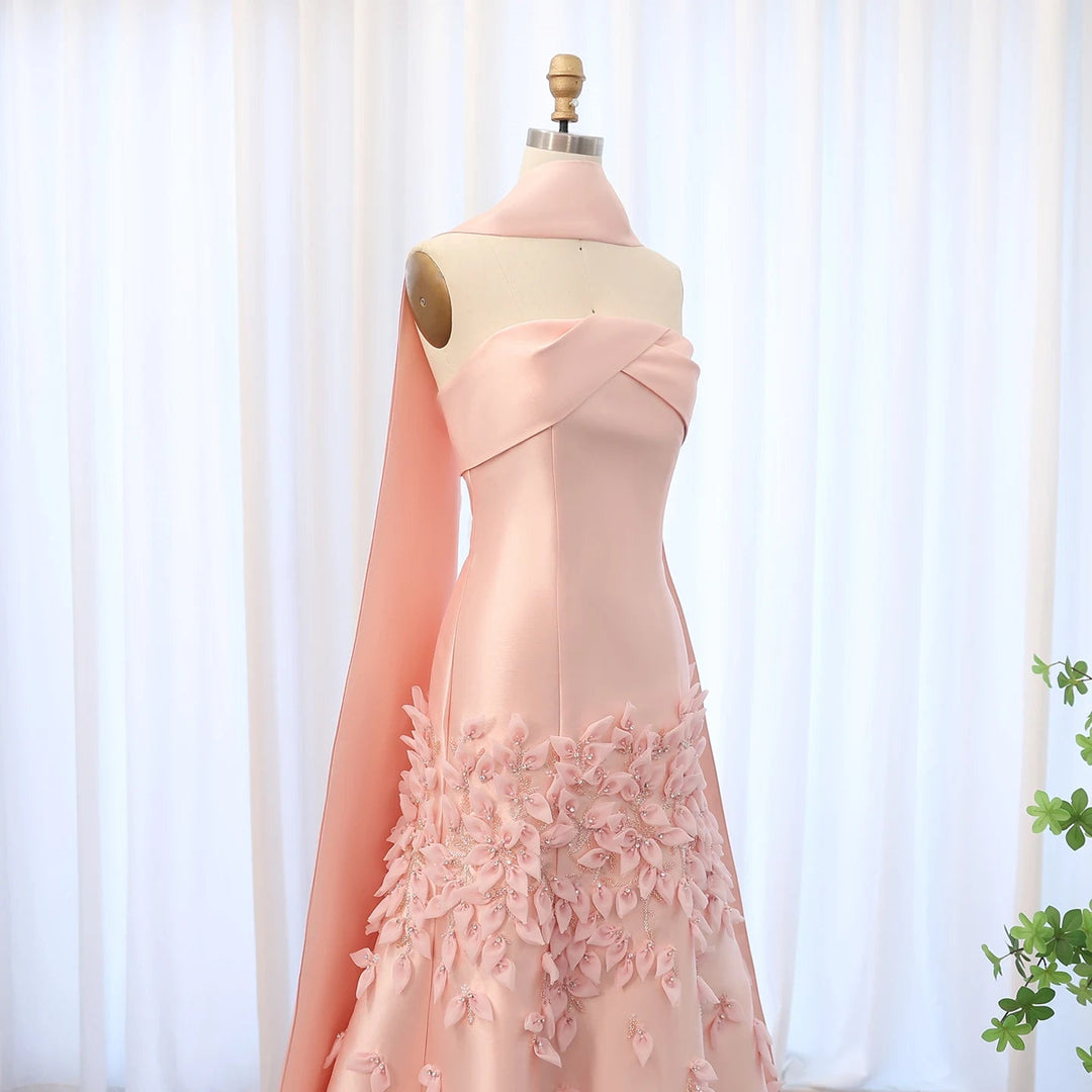 Dreamy Vow Luxury 3D Leaves Blush Pink Satin Mermaid Evening Dress with Cape Dubai Arabic Women Wedding Prom Party Gowns SS463-DreamyVow