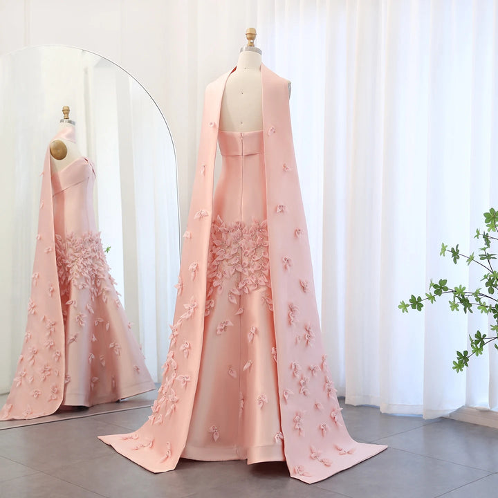 Dreamy Vow Luxury 3D Leaves Blush Pink Satin Mermaid Evening Dress with Cape Dubai Arabic Women Wedding Prom Party Gowns SS463-DreamyVow