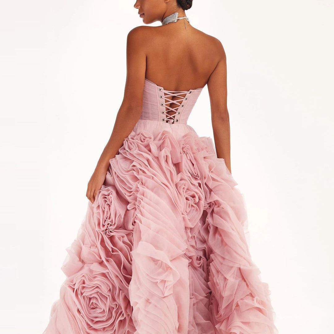 Dreamy Vow Luxury 3D Rose Flower Pink Short Evening Dresses for Women Wedding Party 2023 Strapless Midi Formal Prom Gowns SS343-DreamyVow