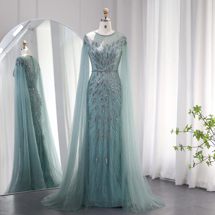 Dreamy Vow Luxury Arabic Blue Mermaid Evening Dress with Cape Sleeves Sage Green Gold Dubai Women Wedding Party Gowns 009