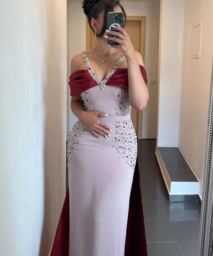 Dreamy Vow Luxury Arabic Pink Burgundy Mermaid Evening Dress with Cape Dubai Engagement Dress for Women Wedding Party 446