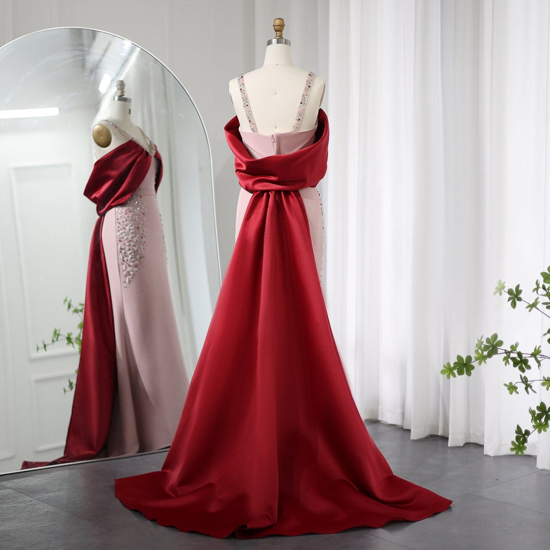 Dreamy Vow Luxury Arabic Pink Burgundy Mermaid Evening Dress with Cape Dubai Engagement Dress for Women Wedding Party 446