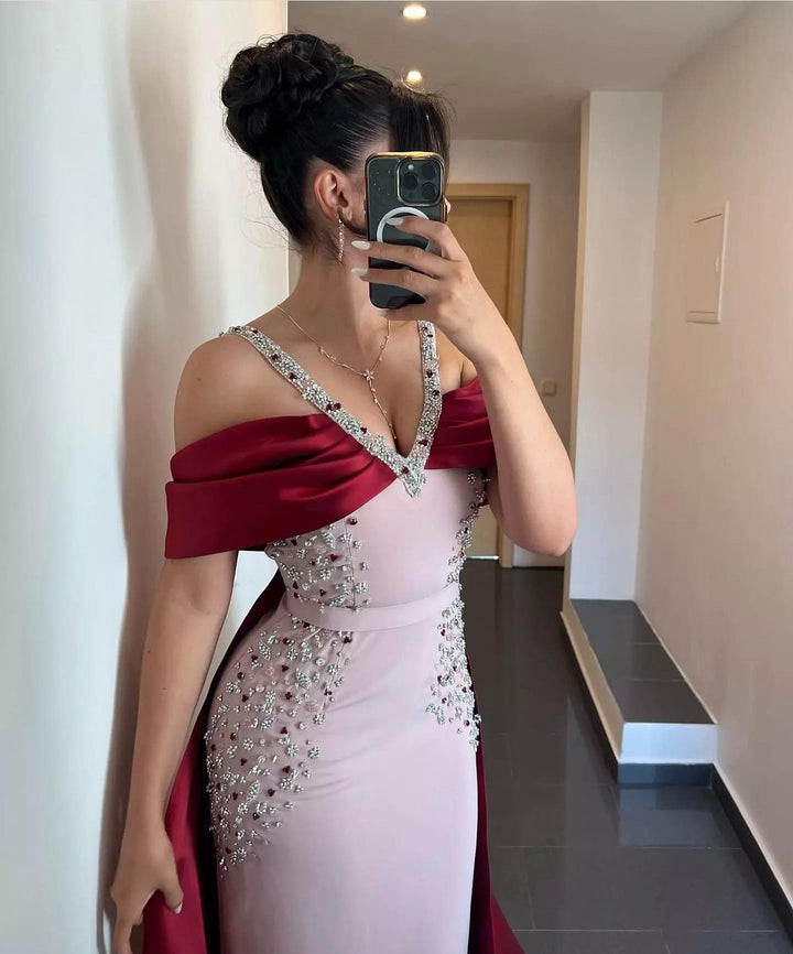 Dreamy Vow Luxury Arabic Pink Burgundy Mermaid Evening Dress with Cape Dubai Engagement Dress for Women Wedding Party 446