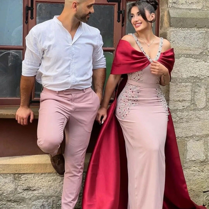 Dreamy Vow Luxury Arabic Pink Burgundy Mermaid Evening Dress with Cape Dubai Engagement Dress for Women Wedding Party 446