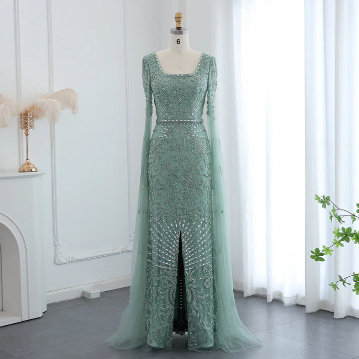 Dreamy Vow Luxury Arabic Turquoise Evening Dress with Cape Sleeves Elegant Sqaure Neck Dubai Women Wedding Party Gowns SS469-DreamyVow