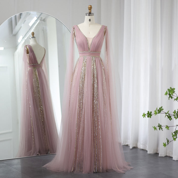 DreamyVow Luxury Arabic Women Pink Evening Dress with Cape Sleeves Elegant Sage Green Yellow Dubai Wedding Party Gowns 010